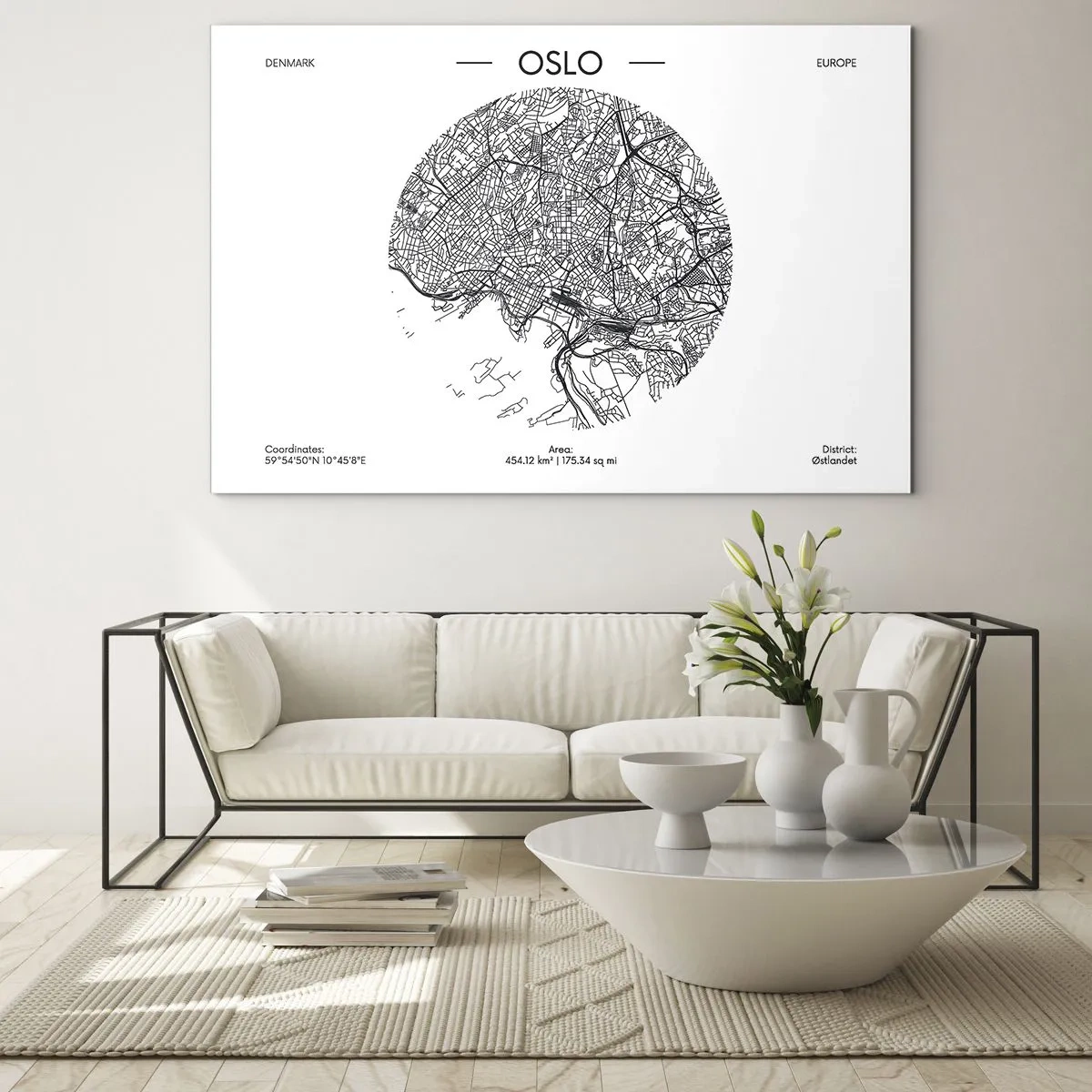 Glass picture - Oslo city map in black and white graphic style - 70x50cm - Anatomy of Oslo - Modern wall decoration for the living room and bedroom ARTTOR