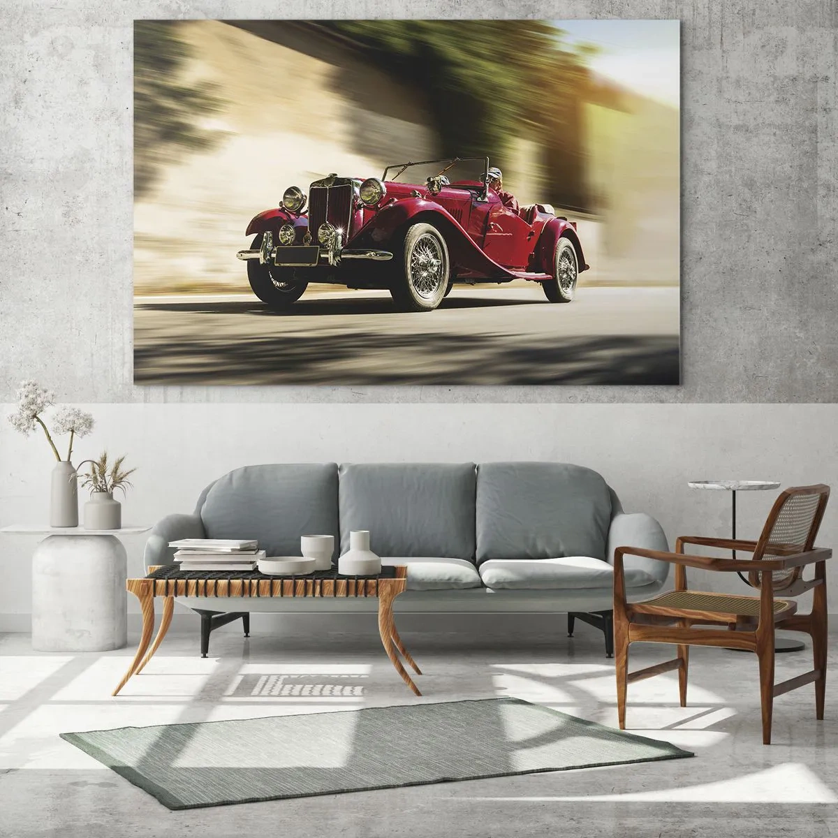 Glass picture - Classic red convertible in motion against the background of the street and blurry landscape - 70x50cm - More Beautiful than Nike of Samothrace - Modern wall decoration for the living room and bedroom ARTTOR