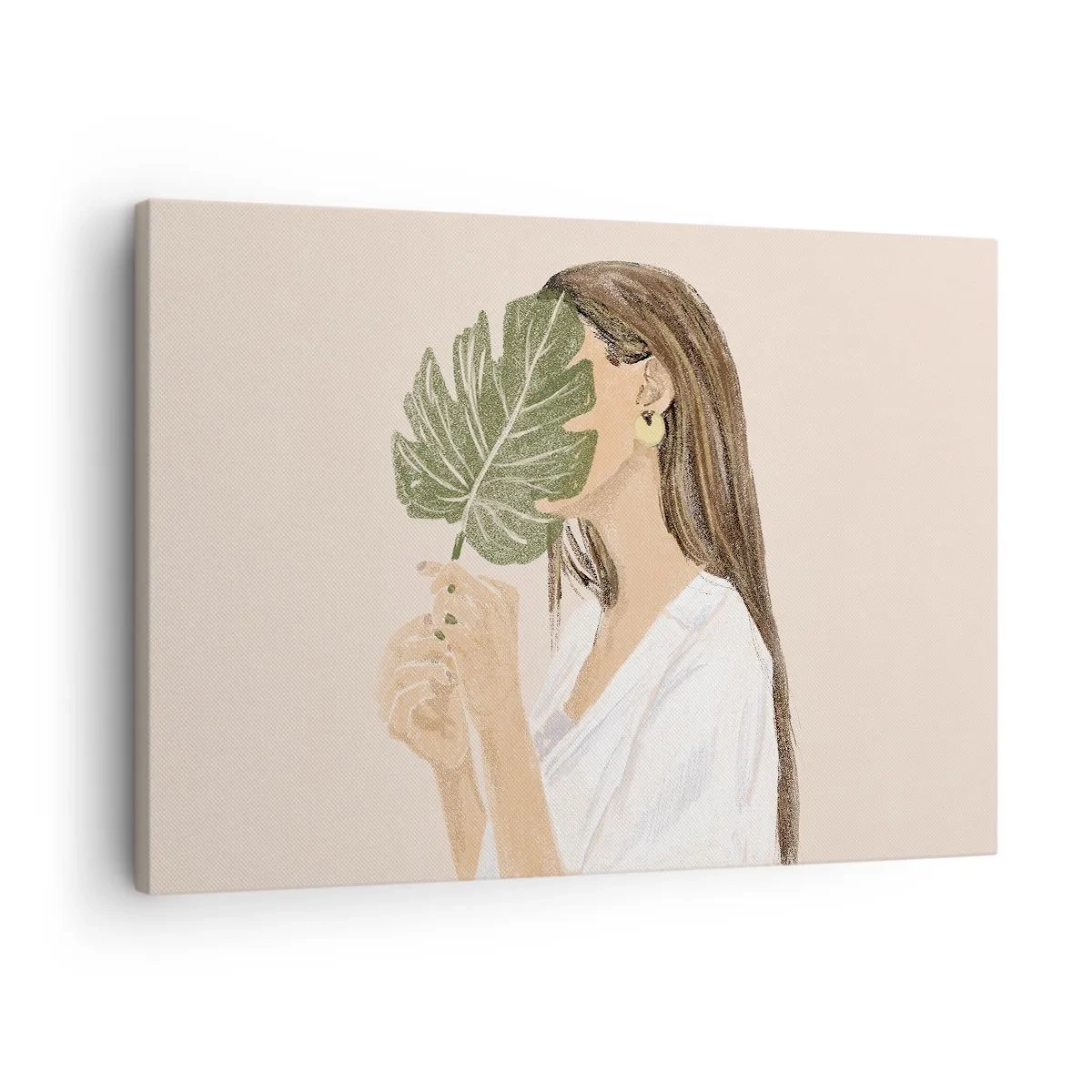Canvas picture - Portrait of a woman with a monstera leaf on a beige background - 70x50cm - Mysterious Portrait with a Fan - Modern wall decoration for the living room and bedroom ARTTOR