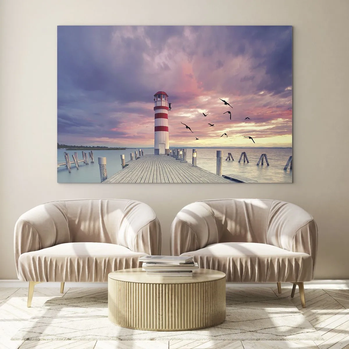 Glass picture - Lighthouse on the pier at sunset with birds flying - 70x50cm - Time for Port - Modern wall decoration for the living room and bedroom ARTTOR