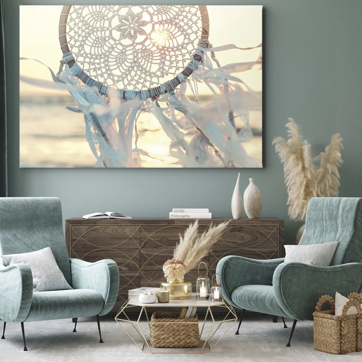Canvas picture - A delicate dream catcher against the backdrop of the setting sun - 70x50cm - Lace Totem - Modern wall decoration for the living room and bedroom ARTTOR
