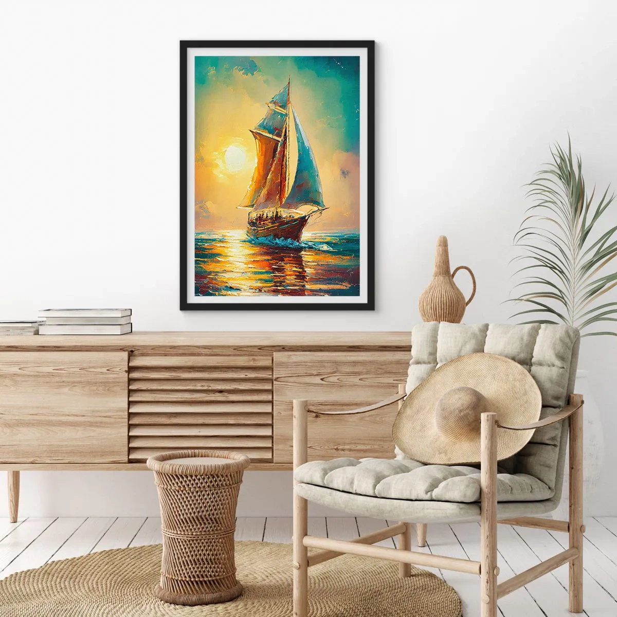 Poster in black frame - A sailing ship against the backdrop of a golden sunset - 50x70cm - Under Full Sails - Modern wall decoration for the living room and bedroom ARTTOR