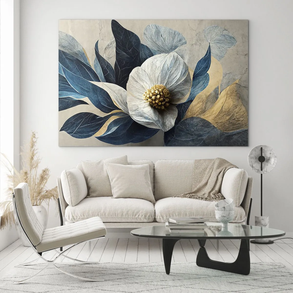 Glass picture - A white floral arrangement with navy blue leaves and a gold center - 70x50cm - With a Heart of Gold - Modern wall decoration for the living room and bedroom ARTTOR