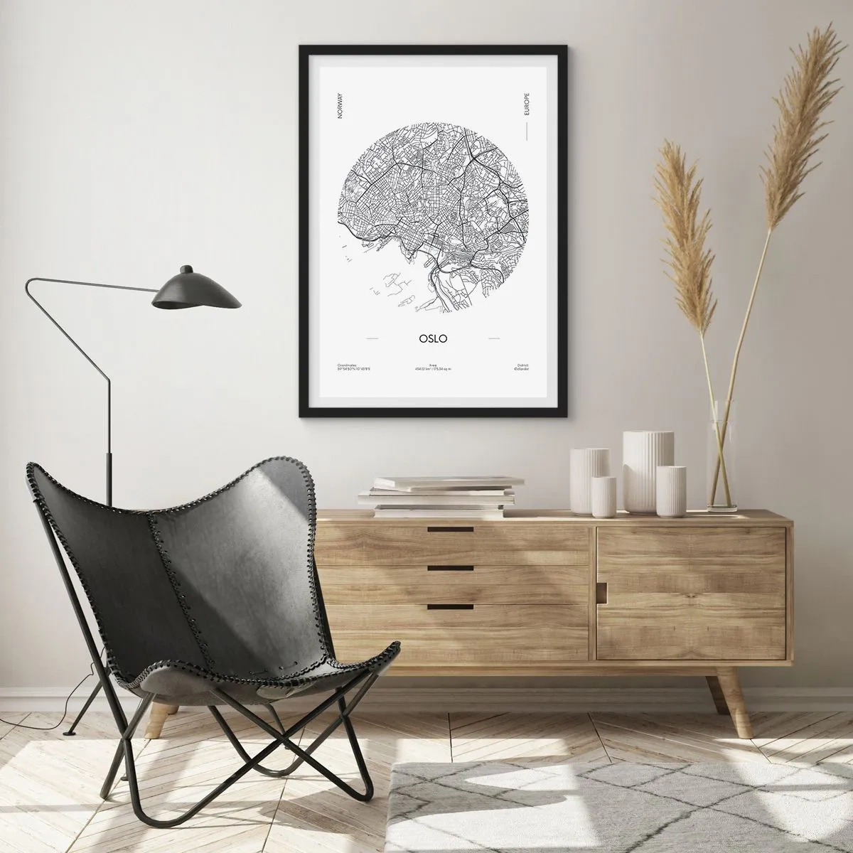 Poster in black frame - A minimalist black and white map of Oslo - 50x70cm - Anatomy of Oslo - Modern wall decoration for the living room and bedroom ARTTOR