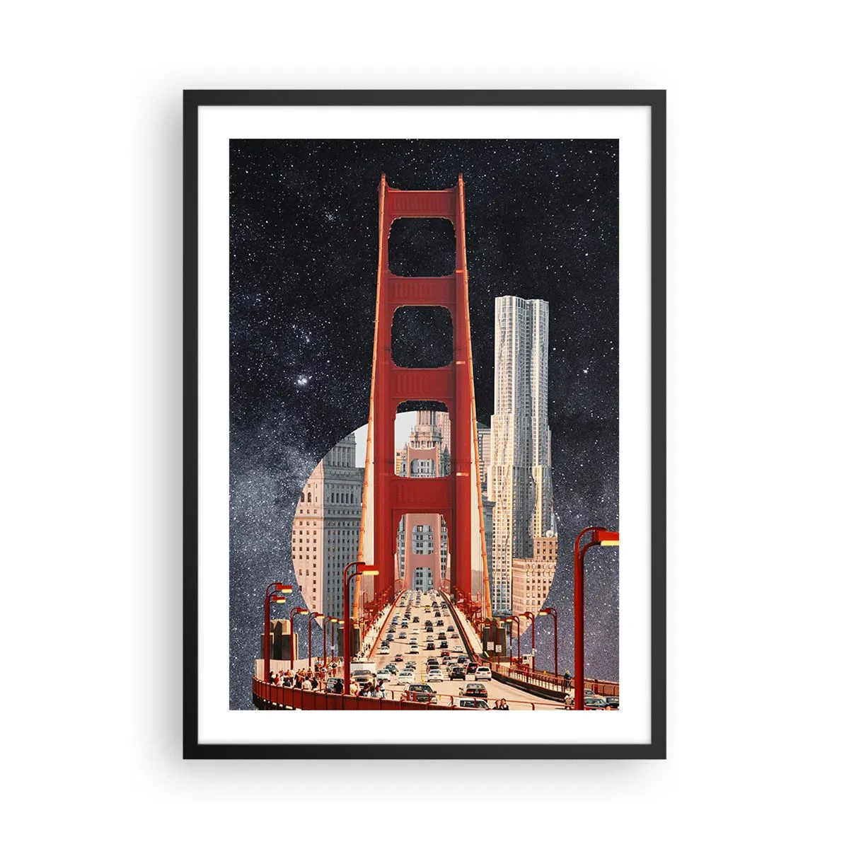 Poster in black frame - A bridge and skyscrapers against the starry sky - 50x70cm - Always in the Centre - Modern wall decoration for the living room and bedroom ARTTOR