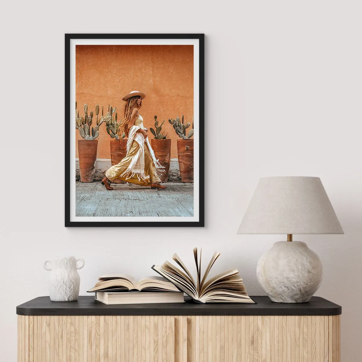 Poster in black frame - Stylish woman in a hat against a background of cacti - 50x70cm - Hippie Style - Modern wall decoration for the living room and bedroom ARTTOR