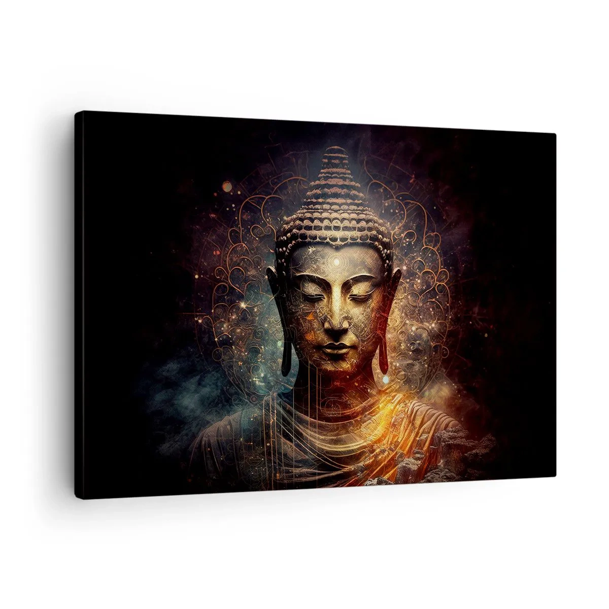 Canvas picture - Golden Buddha on a dark background with ornaments - 70x50cm - Spiritual Balance - Modern wall decoration for the living room and bedroom ARTTOR