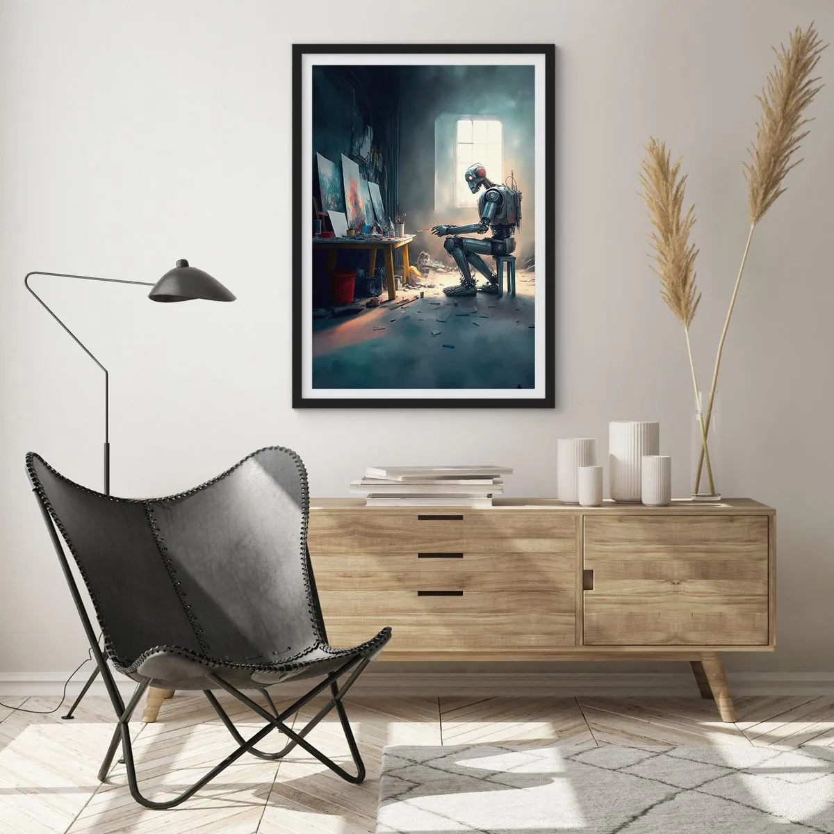 Poster in black frame - Robot artist painting pictures in his studio - 50x70cm - Act of Creation - Modern wall decoration for the living room and bedroom ARTTOR