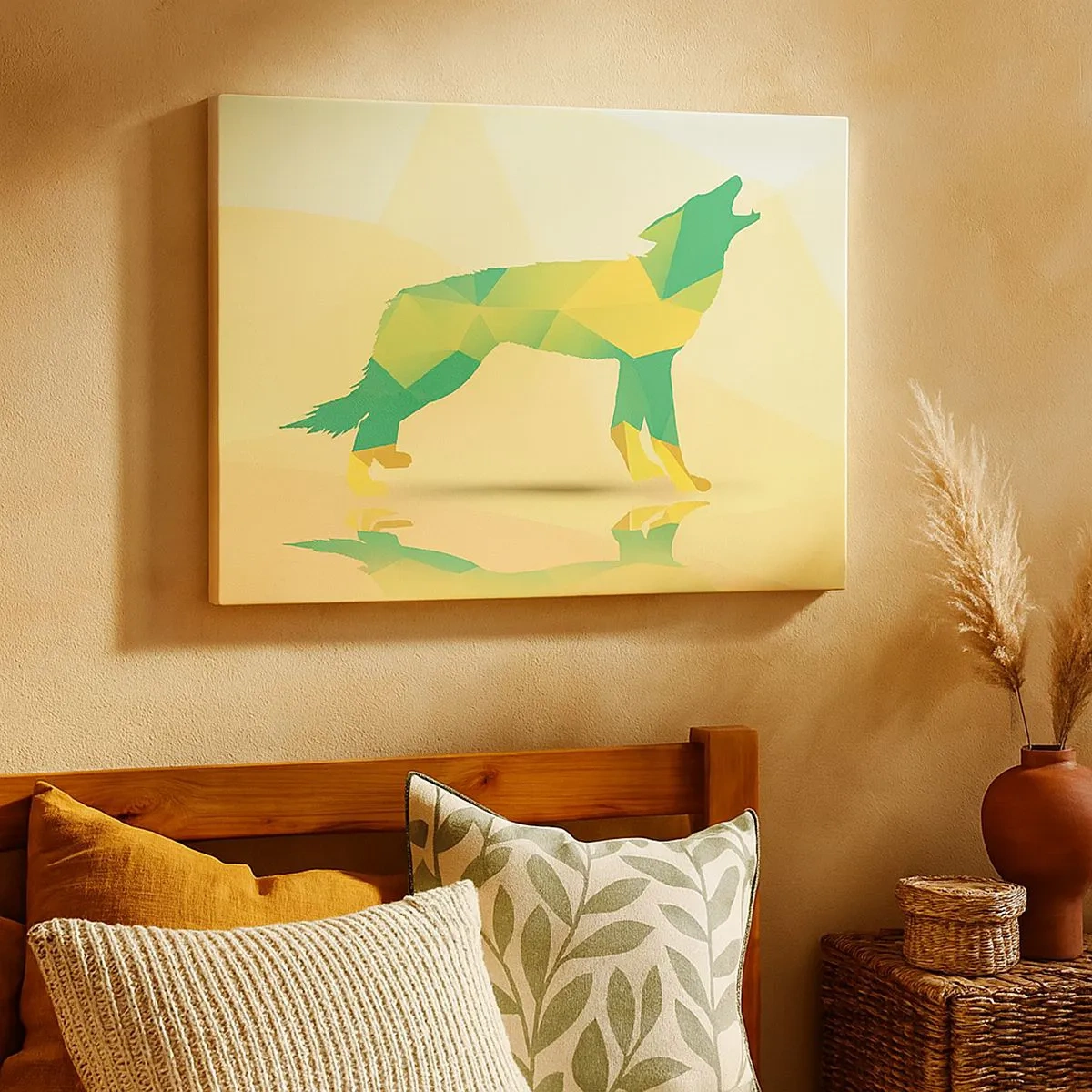 Canvas picture - Geometric wolf silhouette in green and yellow shades - 70x50cm - Lone Wolf - Modern wall decoration for the living room and bedroom ARTTOR