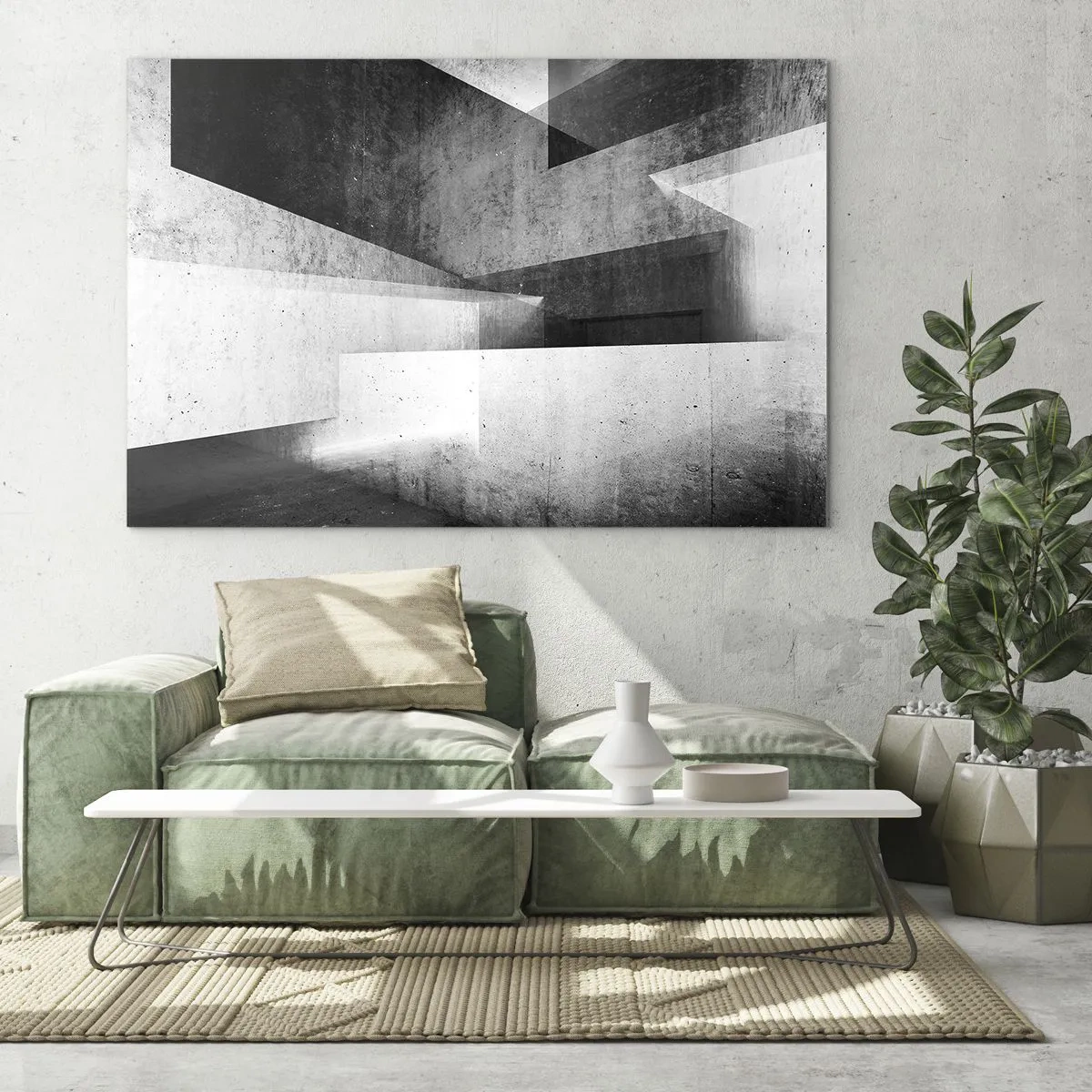 Glass picture - Geometric concrete forms in black and white tones - 70x50cm - Structure of Space - Modern wall decoration for the living room and bedroom ARTTOR