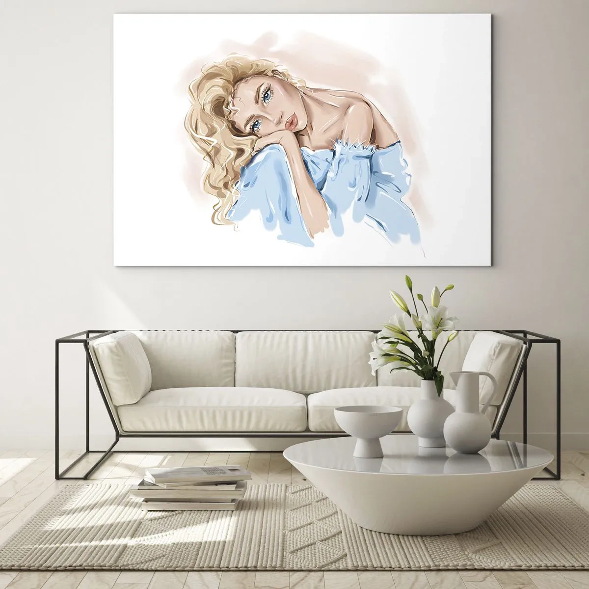 Glass picture - Portrait of a blonde in a blue dress with a thoughtful look - 70x50cm - Dreamy in Blue - Modern wall decoration for the living room and bedroom ARTTOR