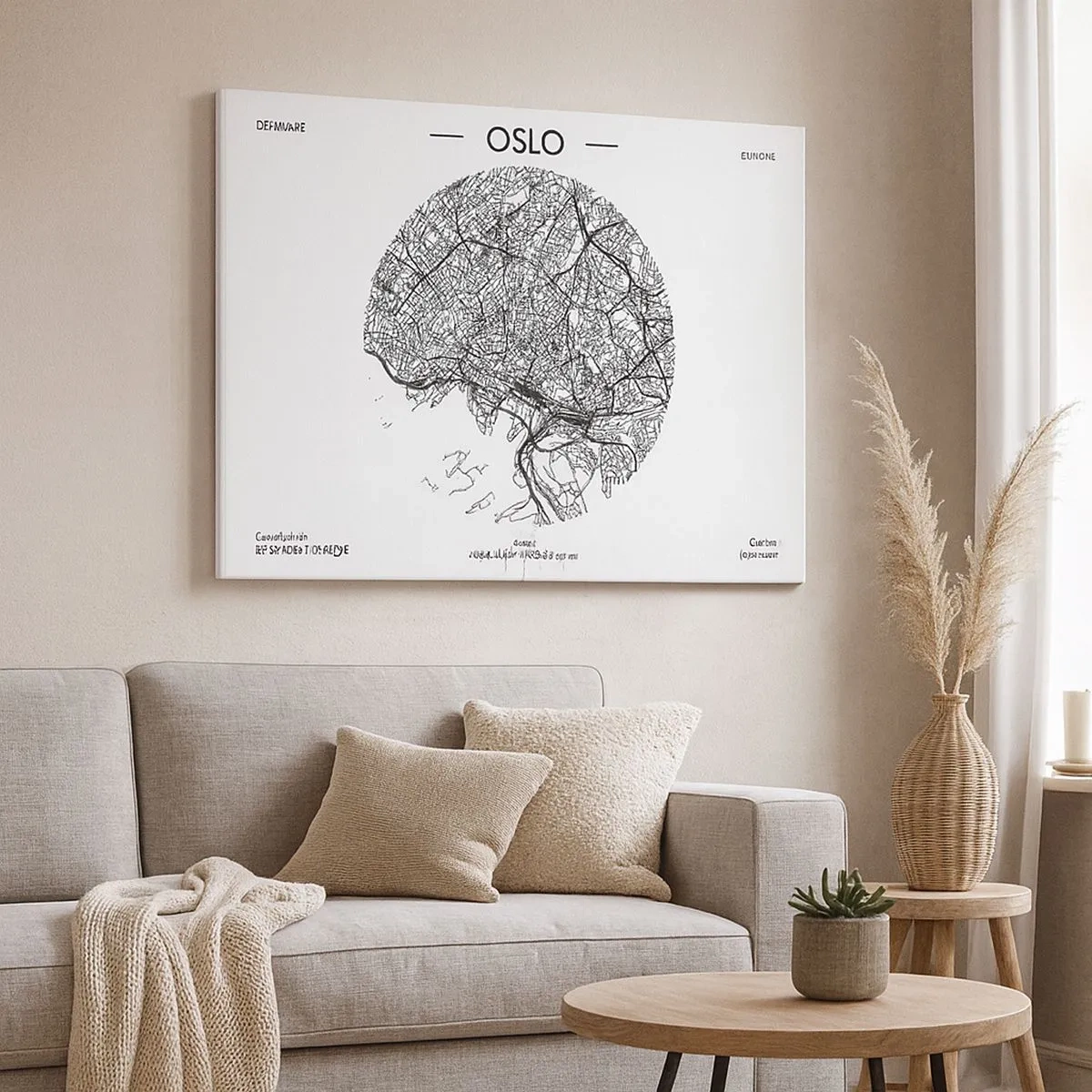 Canvas picture - A map of Oslo in a minimalist black and white style. - 70x50cm - Anatomy of Oslo - Modern wall decoration for the living room and bedroom ARTTOR