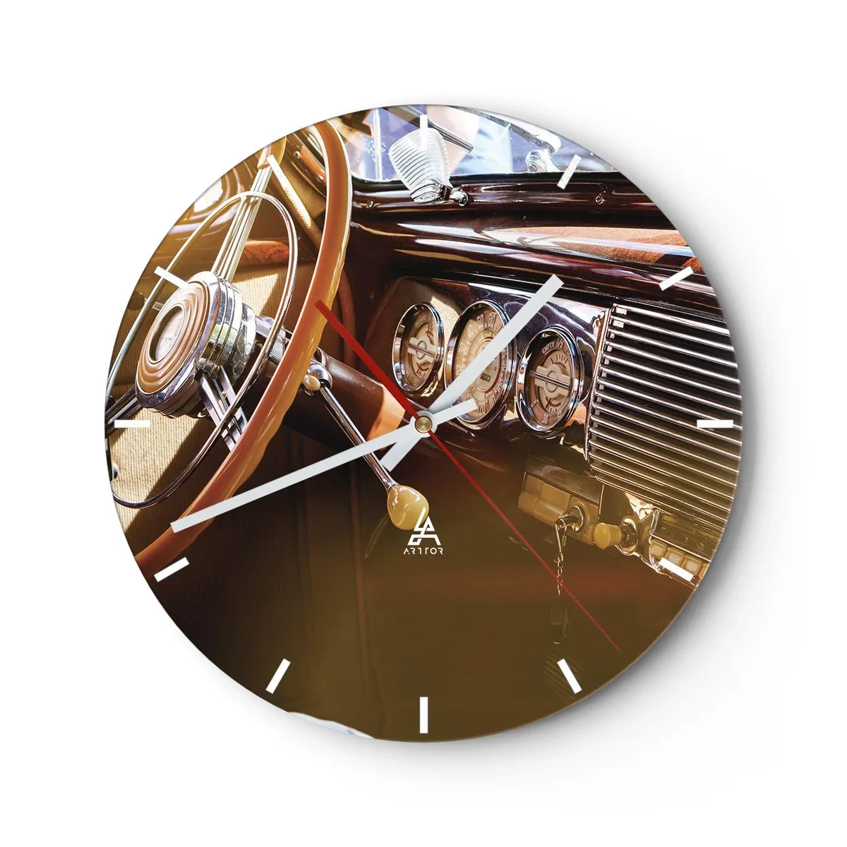 Wall clock - Clock on glass - Classic car interior with wood trim - 30x30cm - Breath of Luxury form the Past - Modern wall decoration for the living room, kitchen, and bedroom ARTTOR