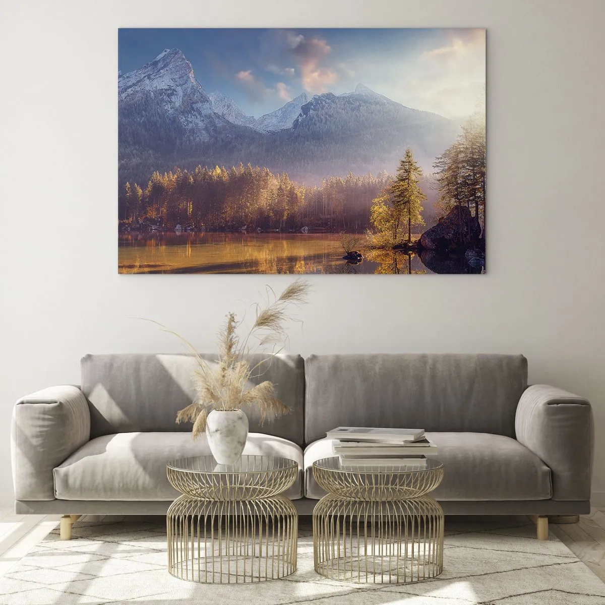 Glass picture - Golden morning light over a mountain lake surrounded by forest - 70x50cm - In the Mountains and Valleys - Modern wall decoration for the living room and bedroom ARTTOR