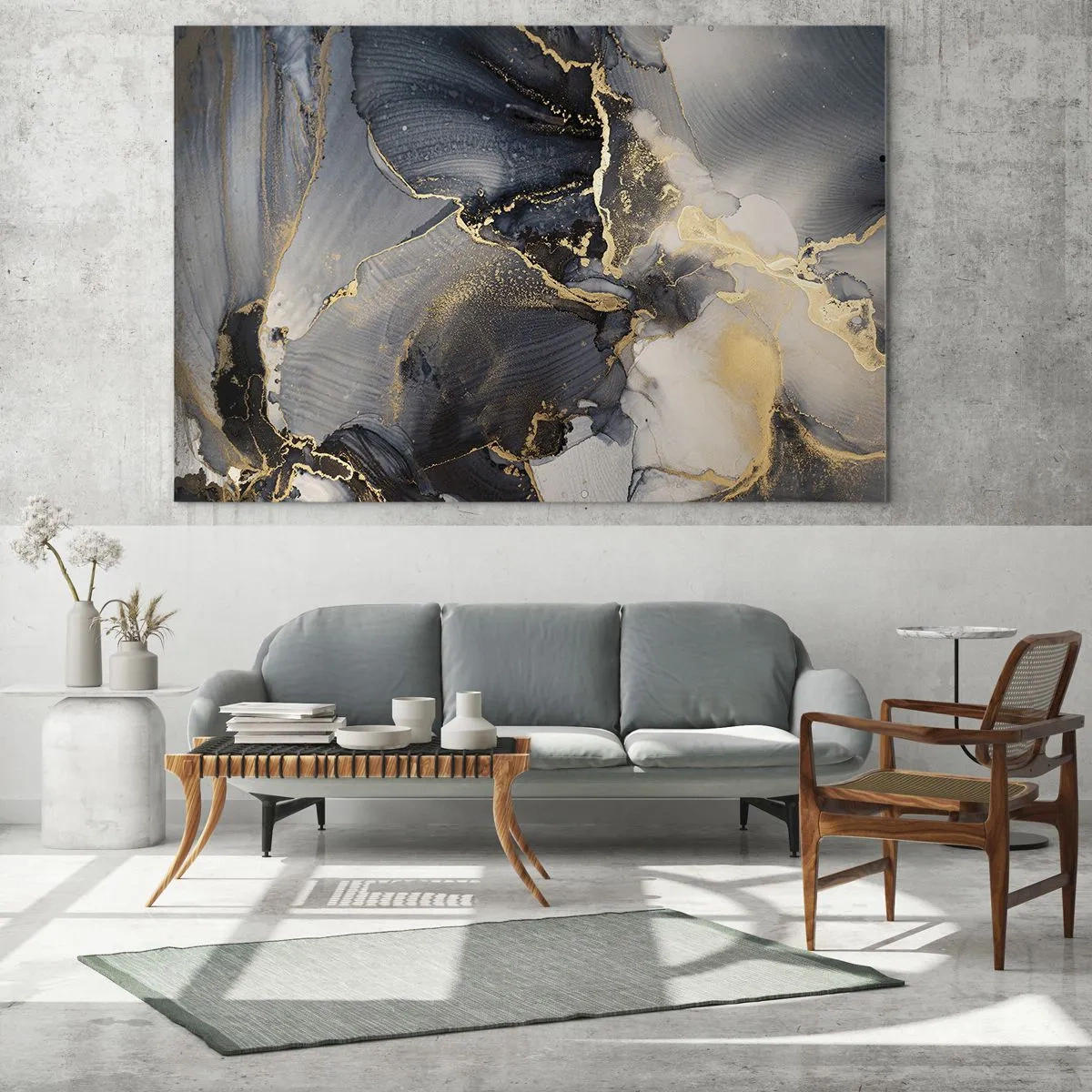 Glass picture - Dark abstraction with a marble effect and gold veins - 70x50cm - Life of a Stone - Modern wall decoration for the living room and bedroom ARTTOR