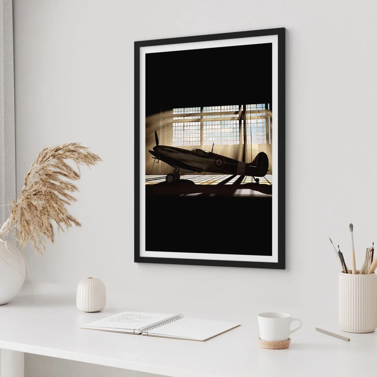 Poster in black frame - Historic airplane in hangar with sun rays - 50x70cm - Warrior's Rest - Modern wall decoration for the living room and bedroom ARTTOR