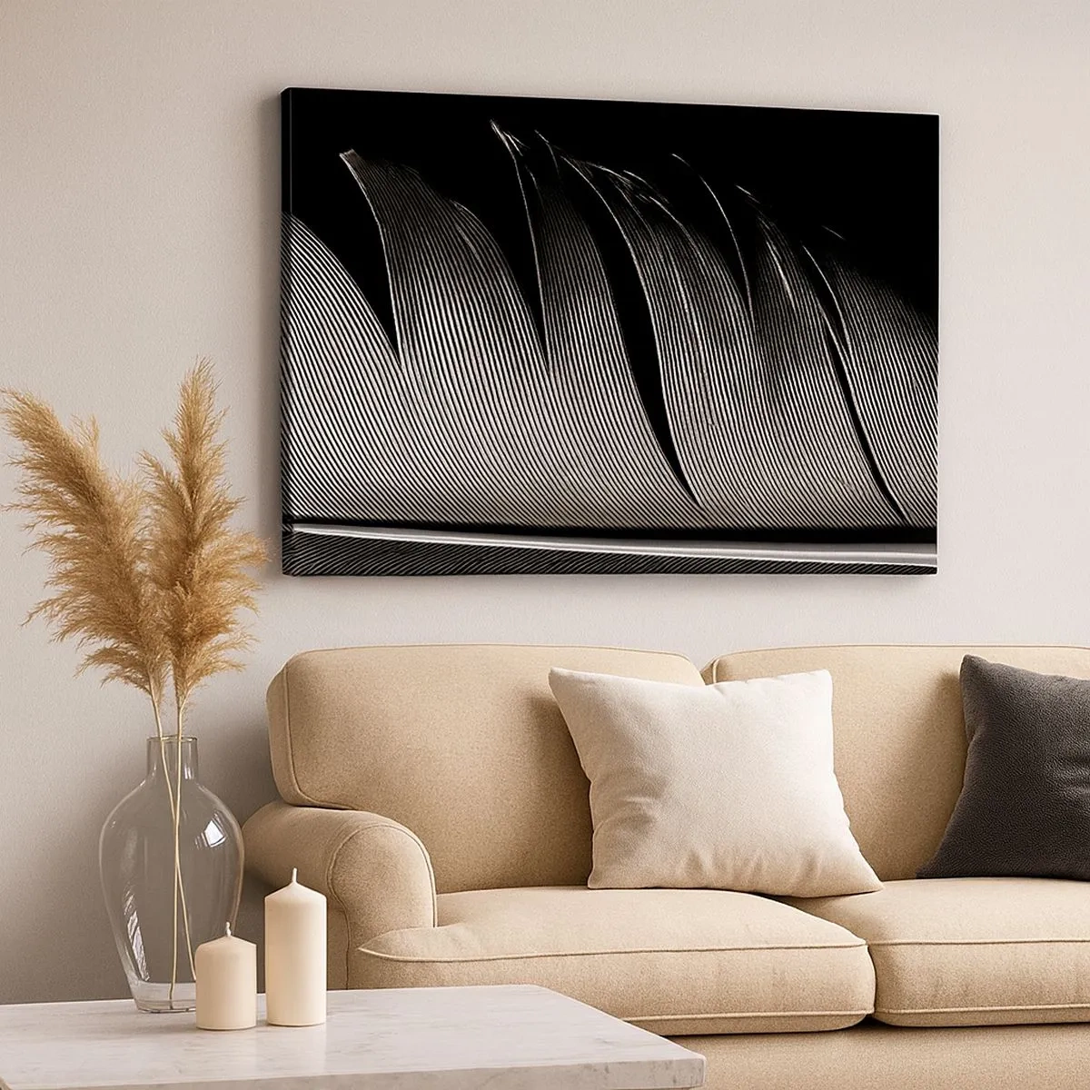 Canvas picture - Black and white feather texture in a minimalist style - 70x50cm - Feather - Wonderful Constract - Modern wall decoration for the living room and bedroom ARTTOR