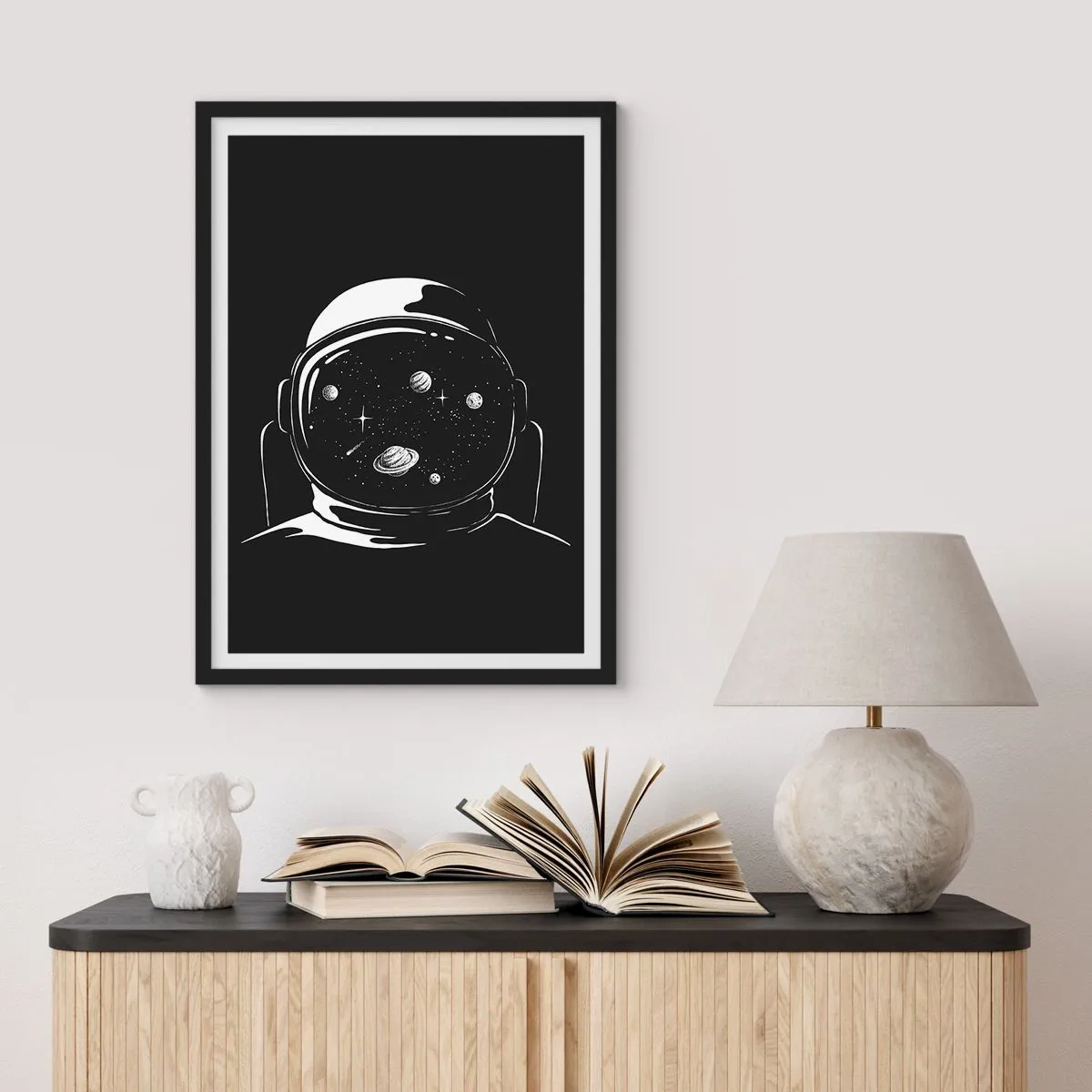 Poster in black frame - Astronaut with space reflected in his helmet - 50x70cm - Quite a View - Modern wall decoration for the living room and bedroom ARTTOR