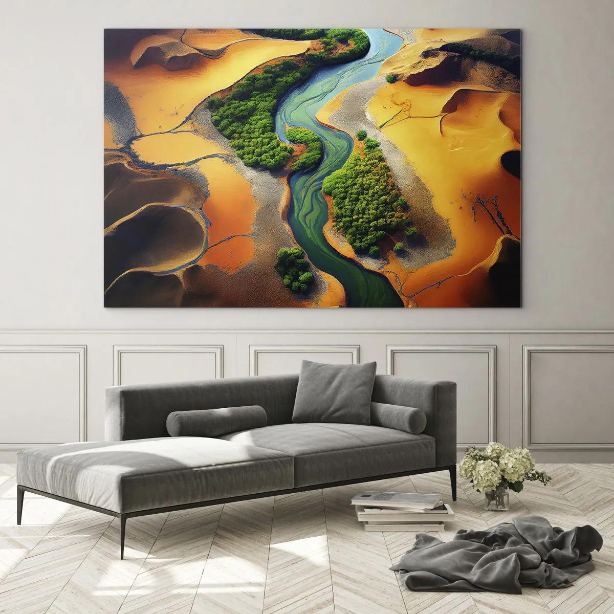 Glass picture - Green oases and a river among orange dunes - 70x50cm - Life-giving River - Modern wall decoration for the living room and bedroom ARTTOR