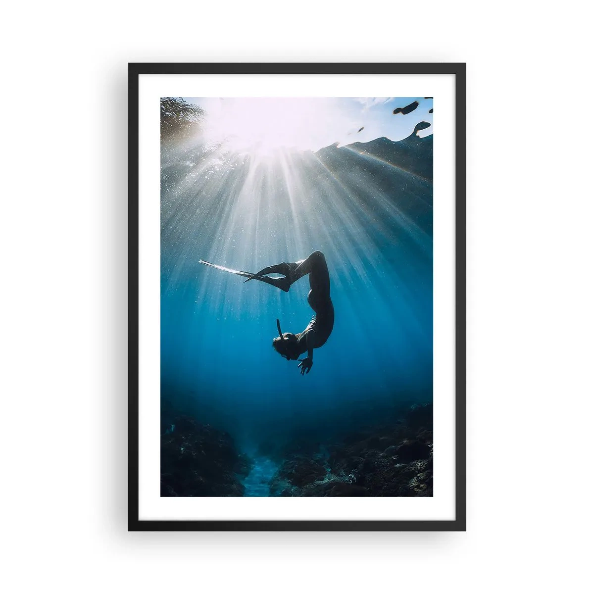 Poster in black frame - Diver in the rays of light underwater - 50x70cm - Underwater dance - Modern wall decoration for the living room and bedroom ARTTOR