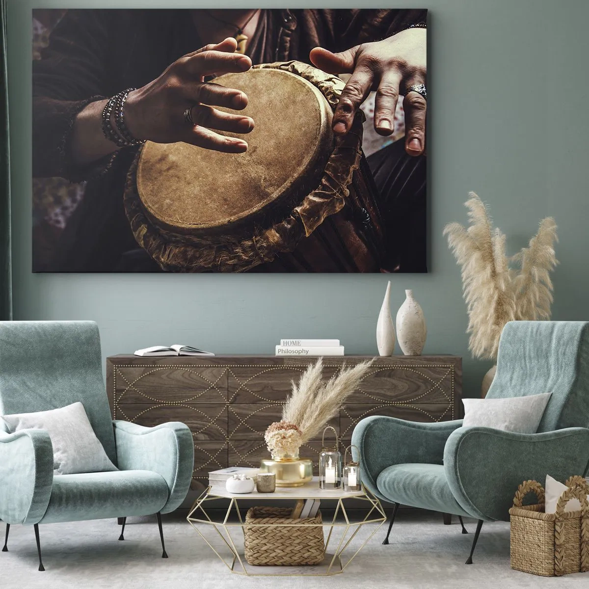 Canvas picture - Hands playing a traditional djembe drum - 70x50cm - In the Rhythm of the Heart - Modern wall decoration for the living room and bedroom ARTTOR