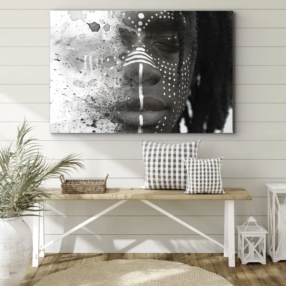 Canvas picture - Artistic face portrait with abstract white patterns - 70x50cm - Dsicover Primordial Spirit - Modern wall decoration for the living room and bedroom ARTTOR