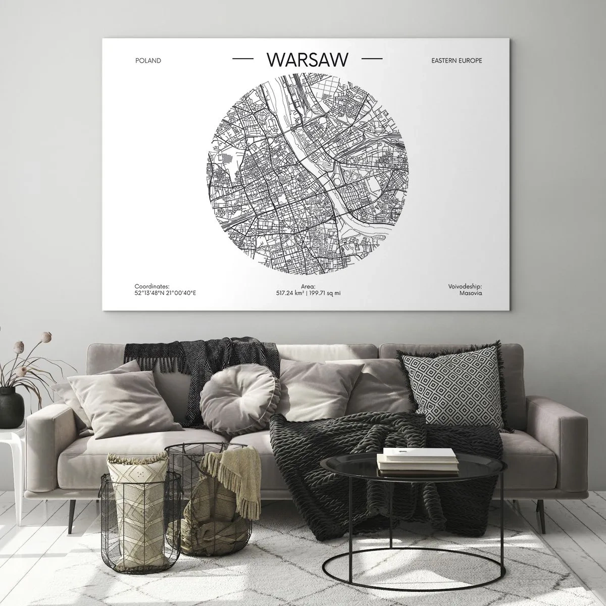 Glass picture - Map of Warsaw in the form of a graphic illustration - 70x50cm - Anatomy of Warsaw - Modern wall decoration for the living room and bedroom ARTTOR