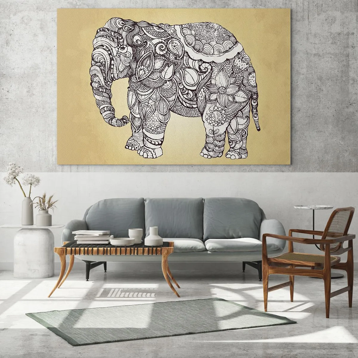 Glass picture - Black and white elephant with oriental patterns on a beige background - 70x50cm - Hidden Elephant - Modern wall decoration for the living room and bedroom ARTTOR