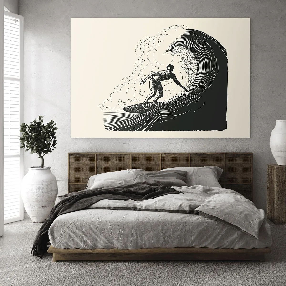 Glass picture - Surfer riding a high wave in a retro drawing style - 70x50cm - King of the Wave - Modern wall decoration for the living room and bedroom ARTTOR
