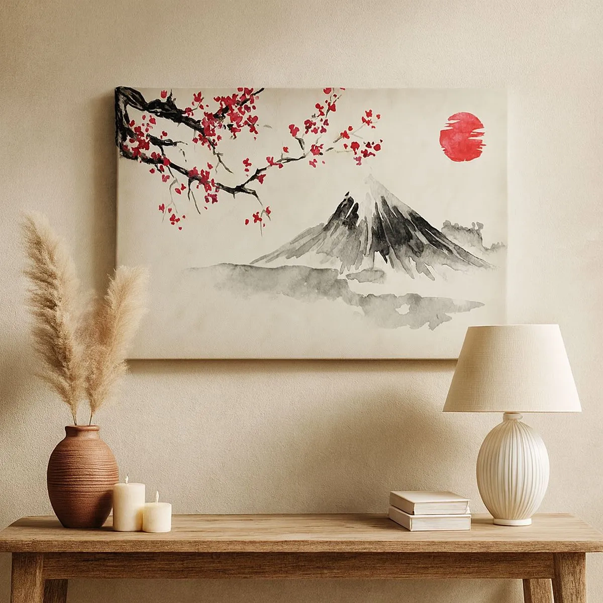 Canvas picture - A picturesque landscape with a mountain, cherry blossoms and sunshine - 70x50cm - Love Japan - Modern wall decoration for the living room and bedroom ARTTOR