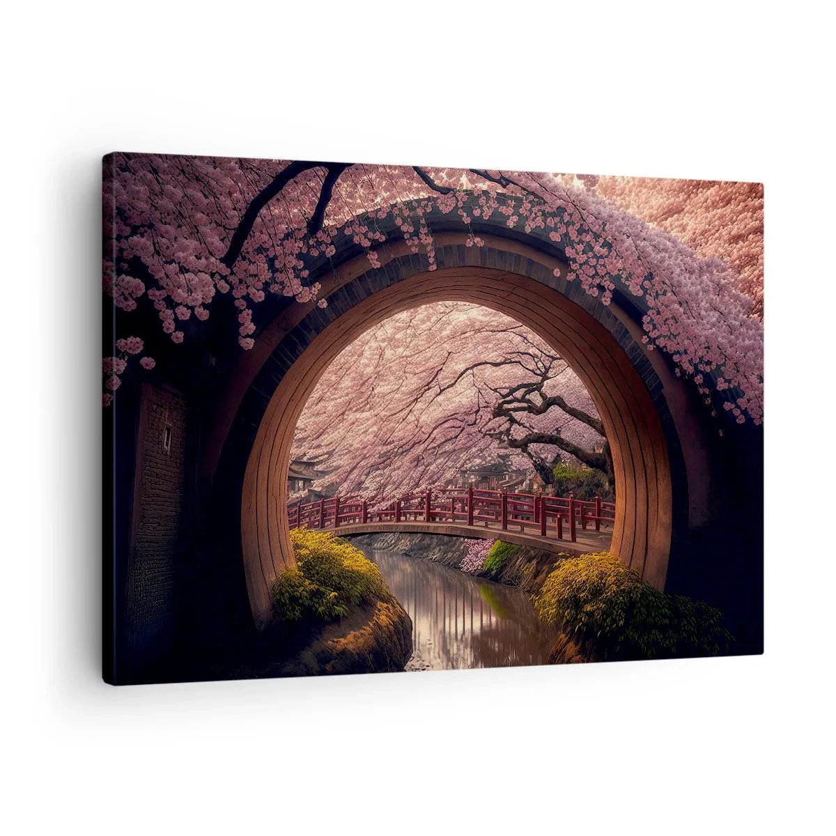 Canvas picture - A traditional Japanese bridge surrounded by cherry blossoms - 70x50cm - Japanese Spring - Modern wall decoration for the living room and bedroom ARTTOR