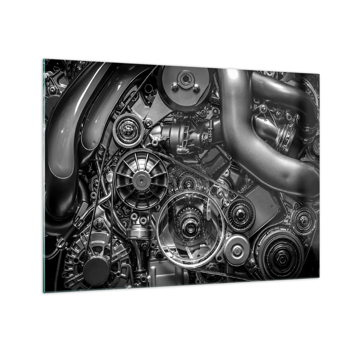 Glass picture - Detail of a black and white engine with visible mechanisms - 70x50cm - Poetry of Mechanics - Modern wall decoration for the living room and bedroom ARTTOR