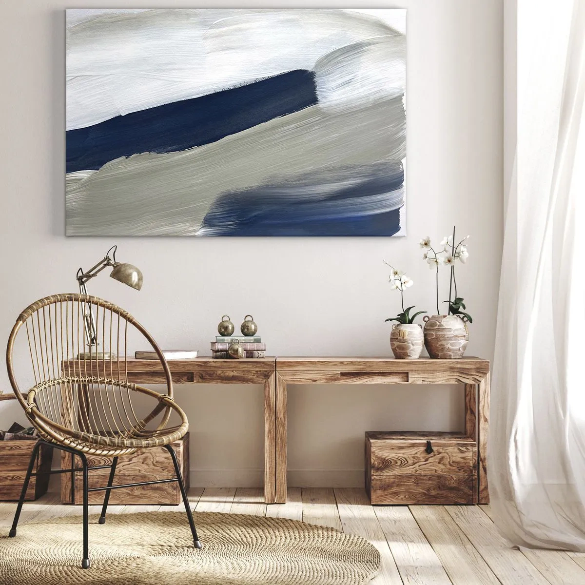 Canvas picture - Abstract brush strokes in shades of blue and gray - 70x50cm - Encounter with White - Modern wall decoration for the living room and bedroom ARTTOR