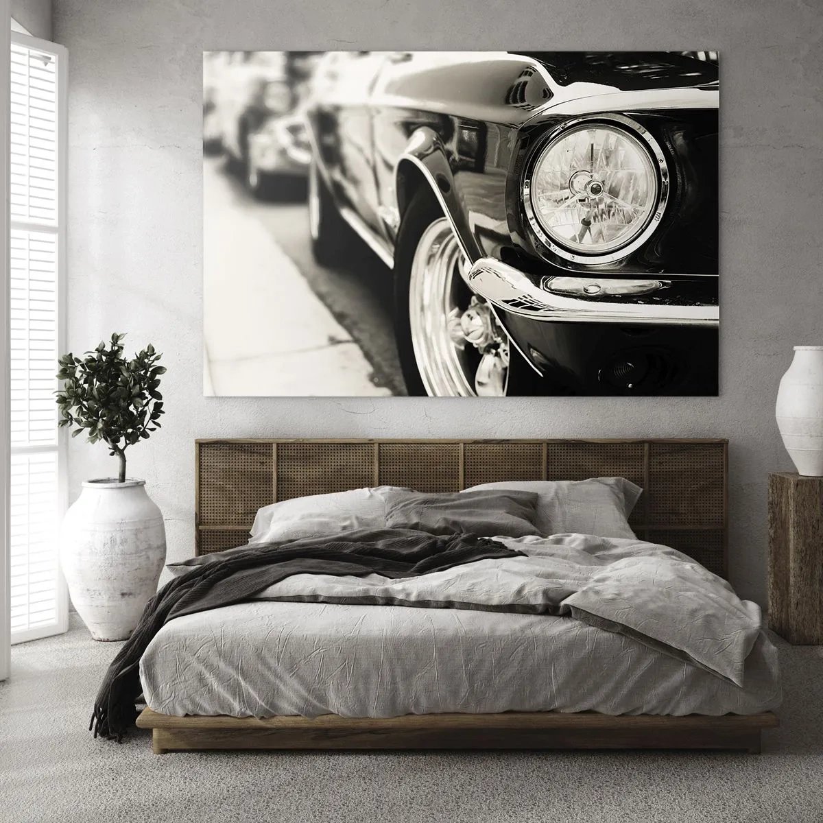 Glass picture - Close-up of the front of a classic car in sepia - 70x50cm - Lasting Shine - Modern wall decoration for the living room and bedroom ARTTOR