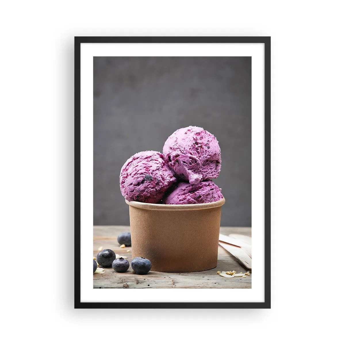 Poster in black frame - Scoops of blueberry ice cream in a paper cup - 50x70cm - Sweetness and Coolness - Modern wall decoration for the living room and bedroom ARTTOR