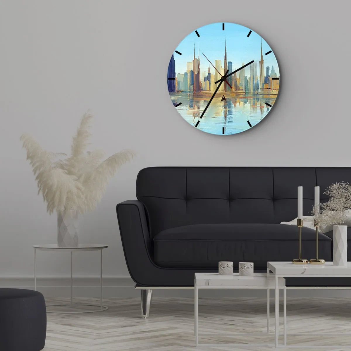 Wall clock - Clock on glass - The city panorama reflected in the water in bright tones - 30x30cm - Sunny Metropolis - Modern wall decoration for the living room, kitchen, and bedroom ARTTOR