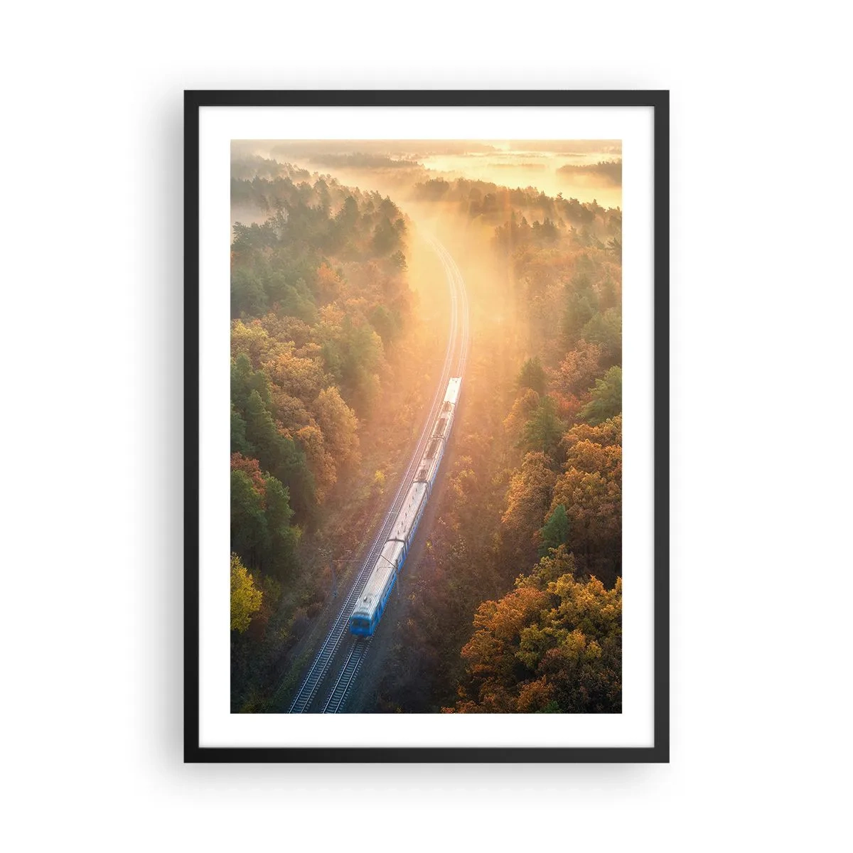 Poster in black frame - A train traveling through an autumn forest in the rays of the rising sun - 50x70cm - Autumn Trip - Modern wall decoration for the living room and bedroom ARTTOR