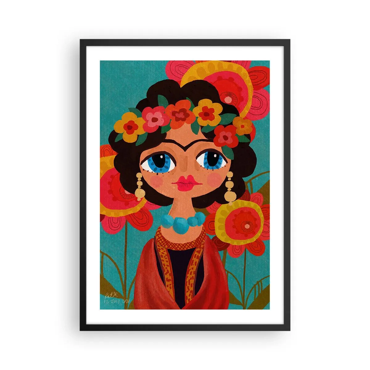 Poster in black frame - Colorful portrait of a woman in folk style and a flower crown - 50x70cm - Poppy Lady - Modern wall decoration for the living room and bedroom ARTTOR