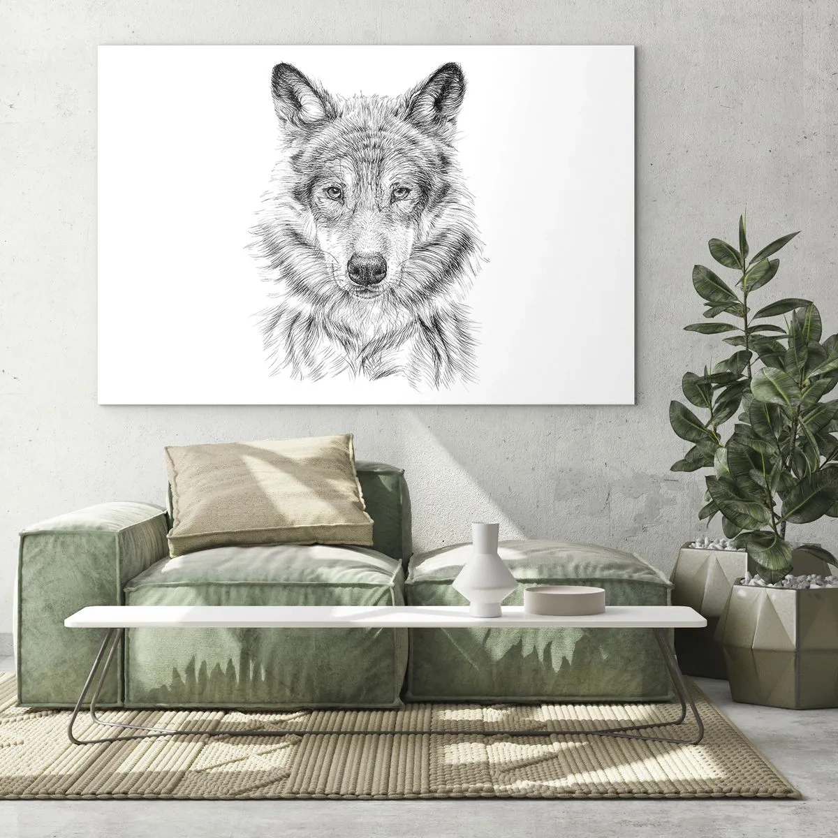 Glass picture - Black and white sketch of a wolf's head on a white background - 70x50cm - Born Leader - Modern wall decoration for the living room and bedroom ARTTOR