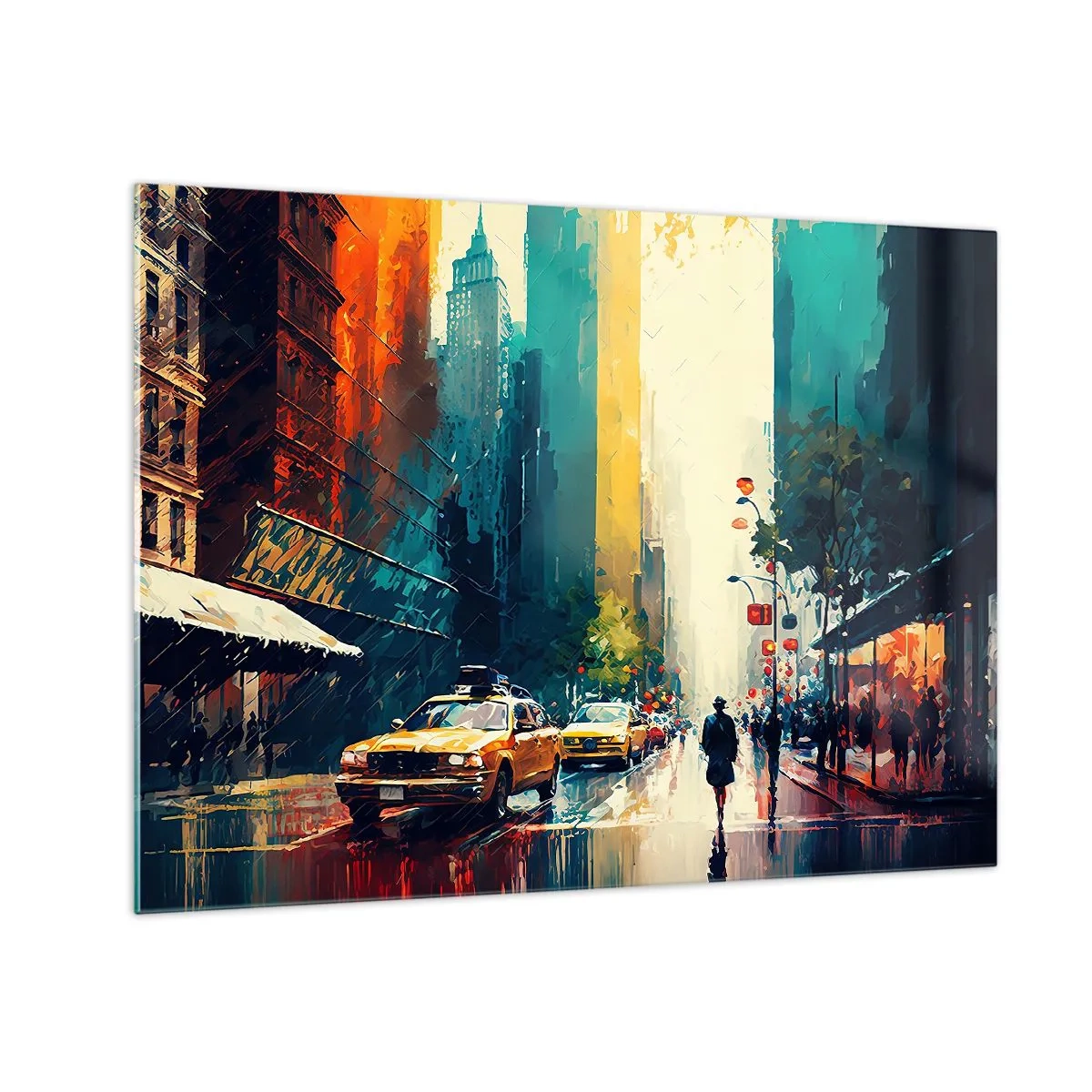 Glass picture - Colorful taxis and skyscrapers on a wet city street - 70x50cm - New York - Even Rain Is Colourful - Modern wall decoration for the living room and bedroom ARTTOR