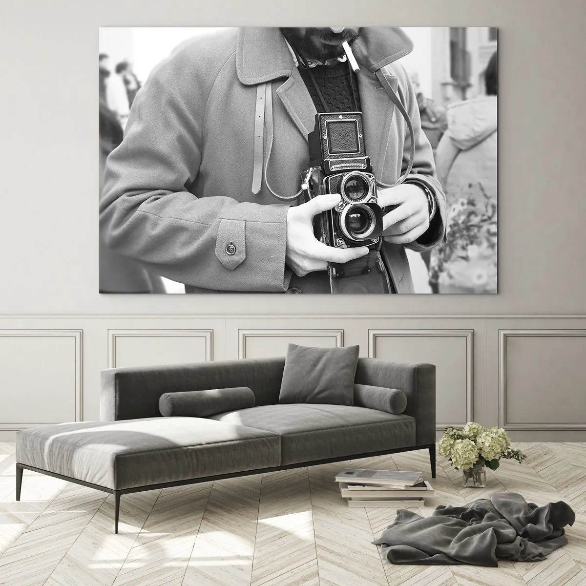 Glass picture - Black and white photo of a man with an analog camera - 70x50cm - In Retro Style - Modern wall decoration for the living room and bedroom ARTTOR