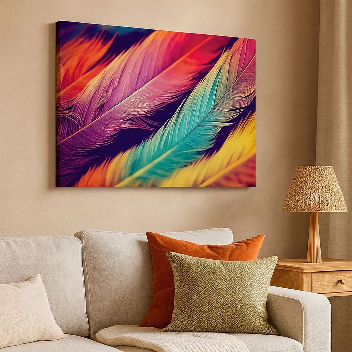 Canvas picture - Colorful feathers in intense colors - 70x50cm - Feathered Rainbow - Modern wall decoration for the living room and bedroom ARTTOR