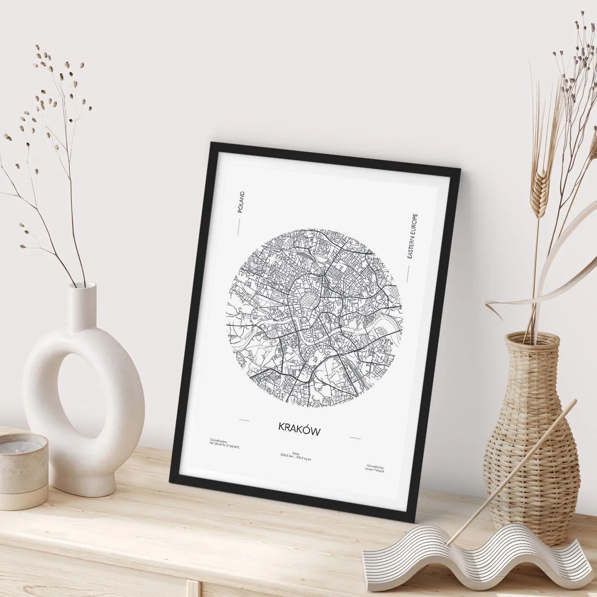 Poster in black frame - A minimalist map of Krakow in a circle - 50x70cm - Anatomy of Crocow - Modern wall decoration for the living room and bedroom ARTTOR