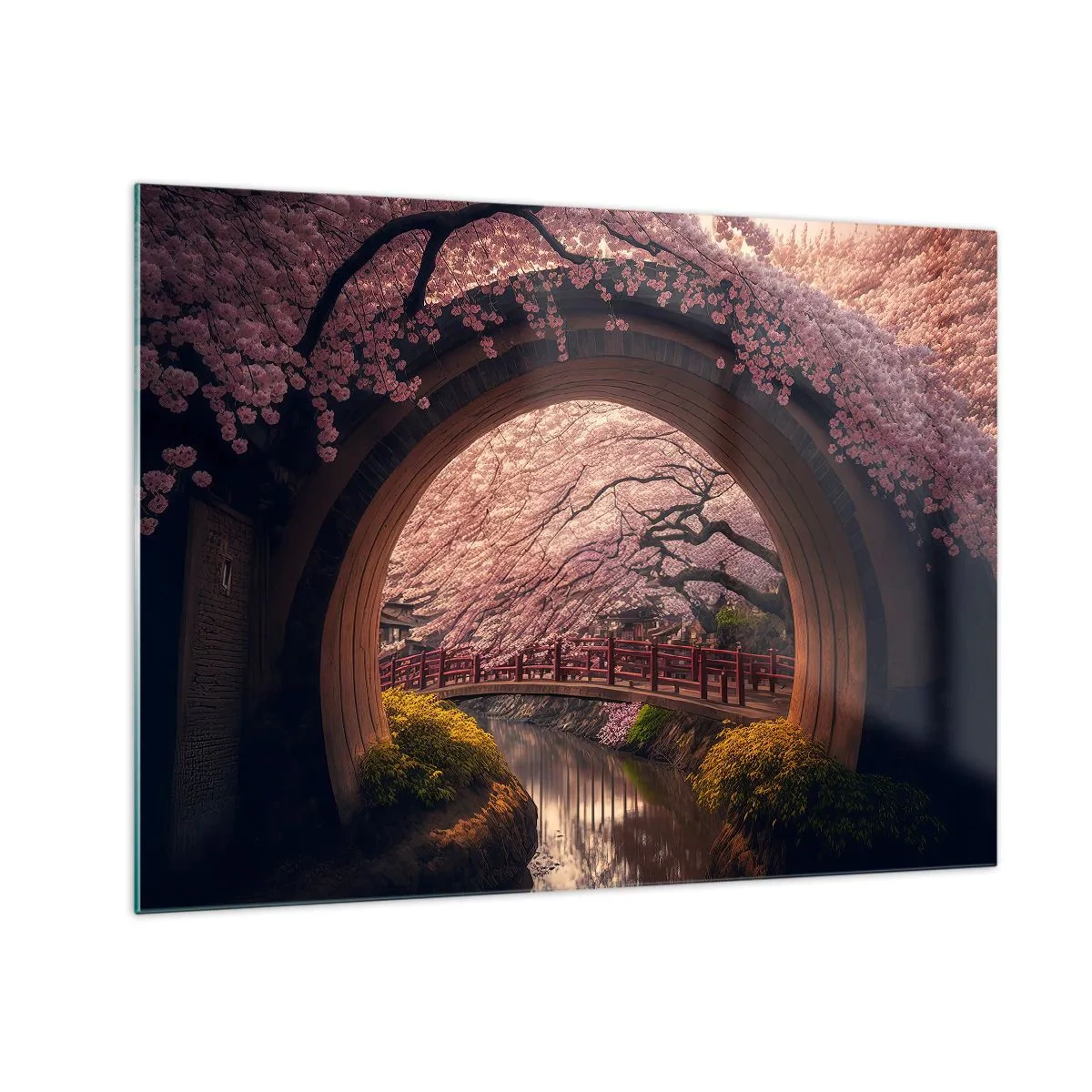 Glass picture - Cherry blossoms and a Japanese bridge seen through the round gate - 70x50cm - Japanese Spring - Modern wall decoration for the living room and bedroom ARTTOR