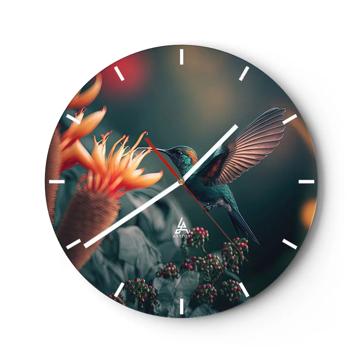 Wall clock - Clock on glass - A hummingbird hovers over an exotic orange flower. - 30x30cm - Really Colourful Life - Modern wall decoration for the living room, kitchen, and bedroom ARTTOR