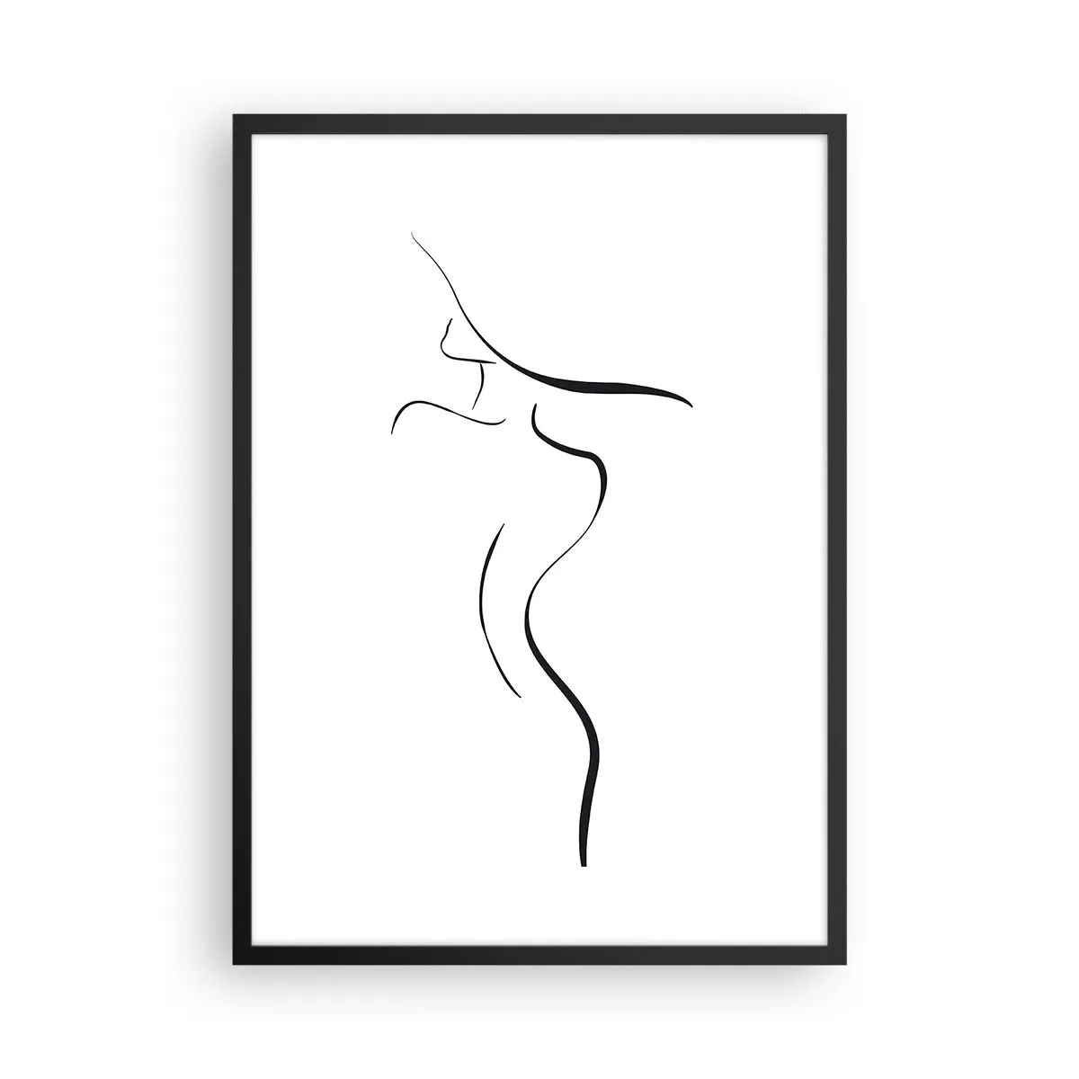 Poster in black frame - A minimalist silhouette of a woman drawn with a black line. - 50x70cm - Elusive Like a Wave - Modern wall decoration for the living room and bedroom ARTTOR