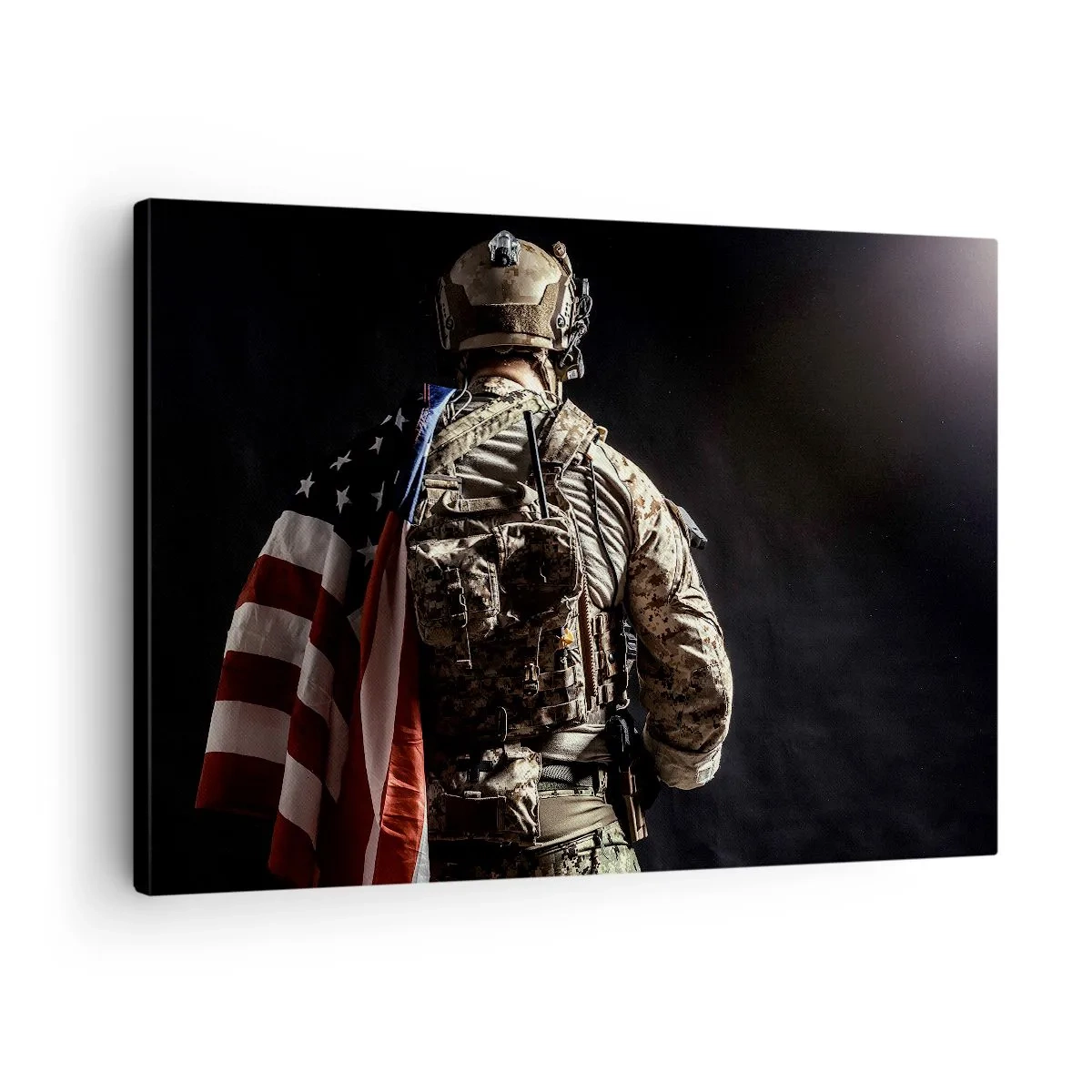 Canvas picture - A soldier in uniform with a flag against a dark background - 70x50cm - That's Why - Modern wall decoration for the living room and bedroom ARTTOR