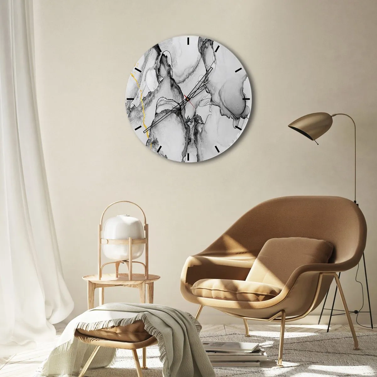 Wall clock - Clock on glass - An abstract composition in shades of gray with a touch of gold. - 30x30cm - Composition with a Golden Motif - Modern wall decoration for the living room, kitchen, and bedroom ARTTOR