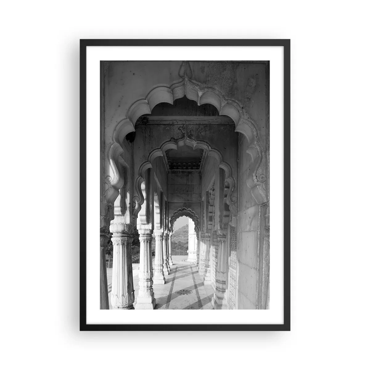Poster in black frame - Black and white photograph of architecture with columns - 50x70cm - This is a Place of Fairytales of the East - Modern wall decoration for the living room and bedroom ARTTOR