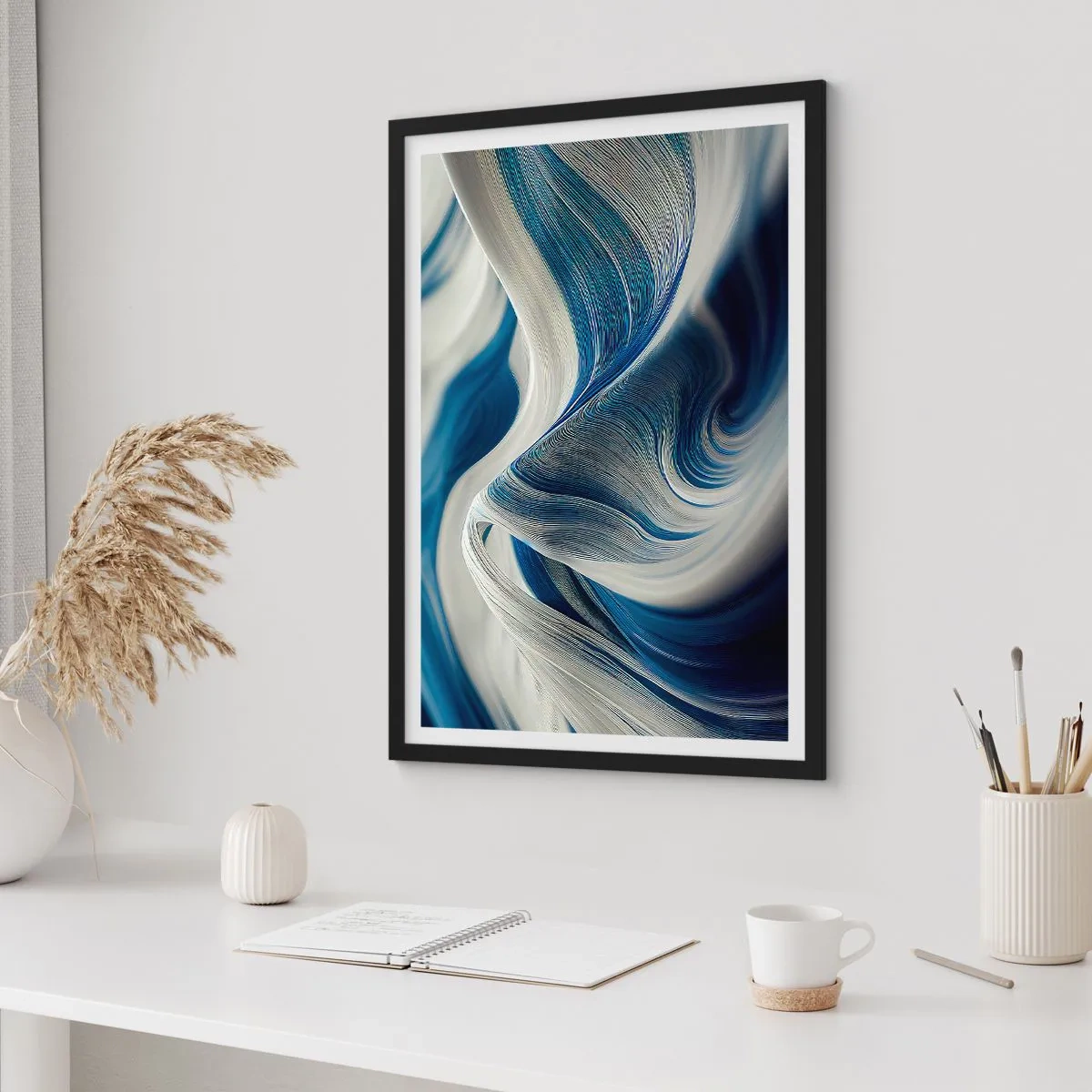Poster in black frame - Abstract waves in shades of navy blue and white - 50x70cm - Fluidity of Blue and White - Modern wall decoration for the living room and bedroom ARTTOR